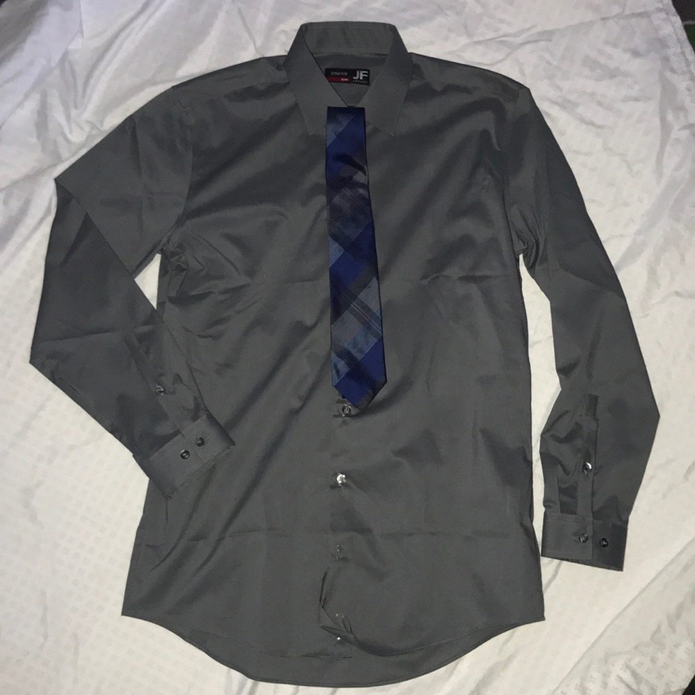 Men’s Dress Shirt Dark grey with blue tie